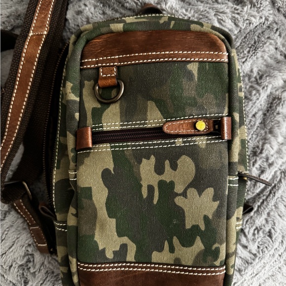 Scully Handbags - Scully Green Camo Crossbody Sling with Brown Trim